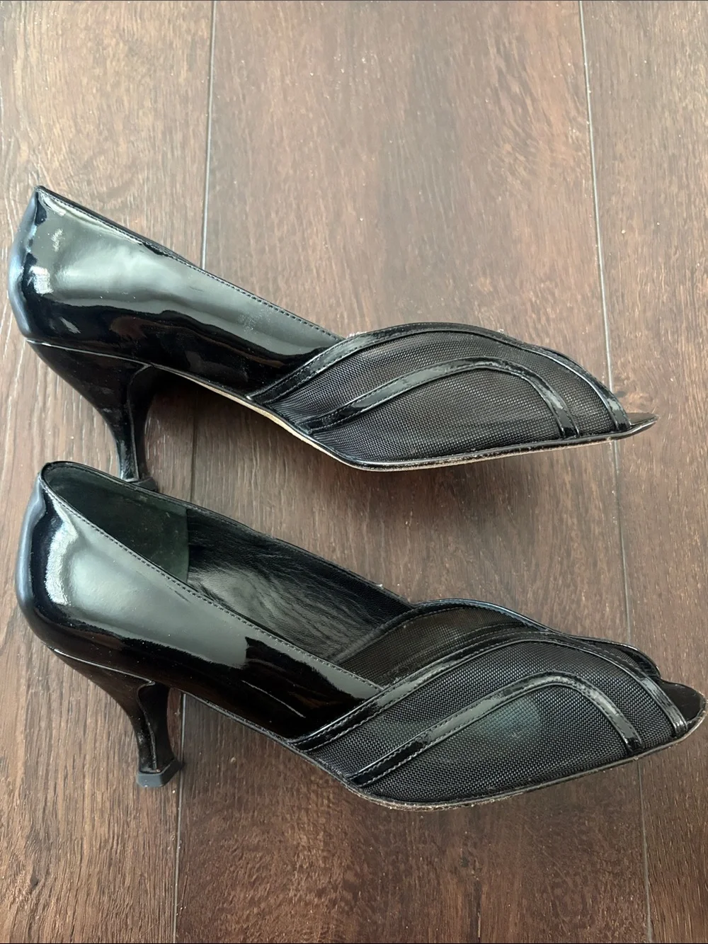 Prevata Black Patent & Fabric Peep-Toe Pumps